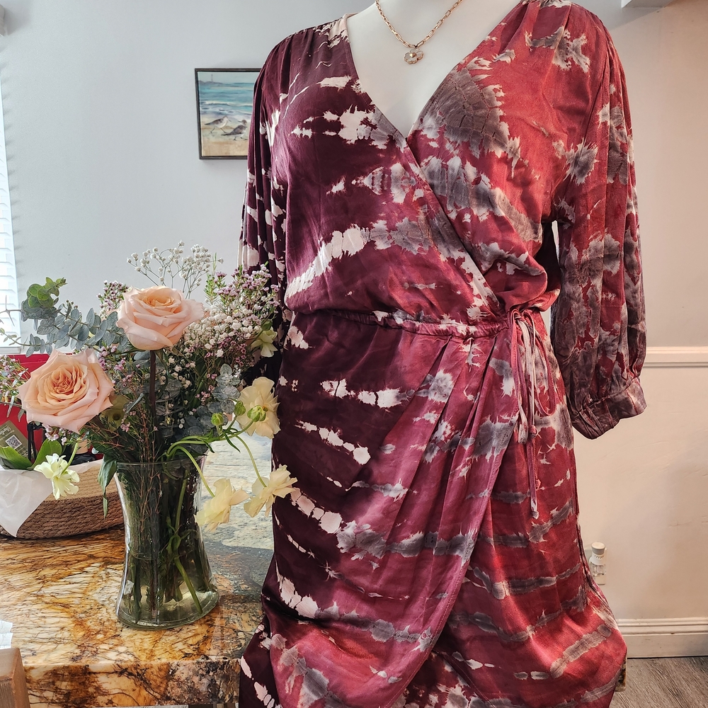Tie-Dye Asymmetrical Wrap Dress in Burgundy